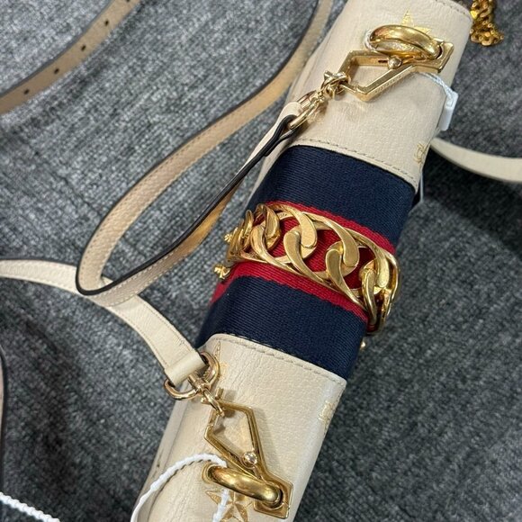 Gucci White Bee Star Print Leather Small Sylvie Web Chain Shoulder Bag - Picture 8 of 8